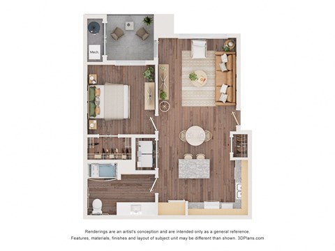 Floor plan for 1 bed, 1 bath, 745 sqft